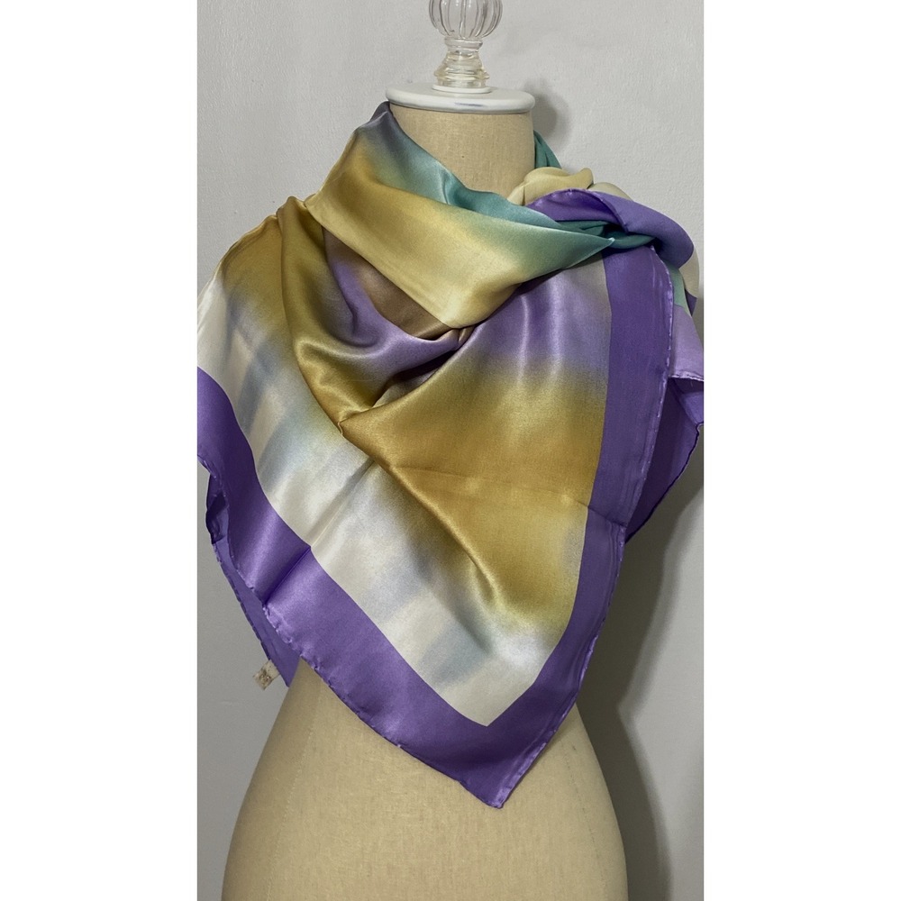 AKER Vtg 100% Pure Silk Scarf Hand Rolled Hem Vibrant Diagonal Gradient Colors